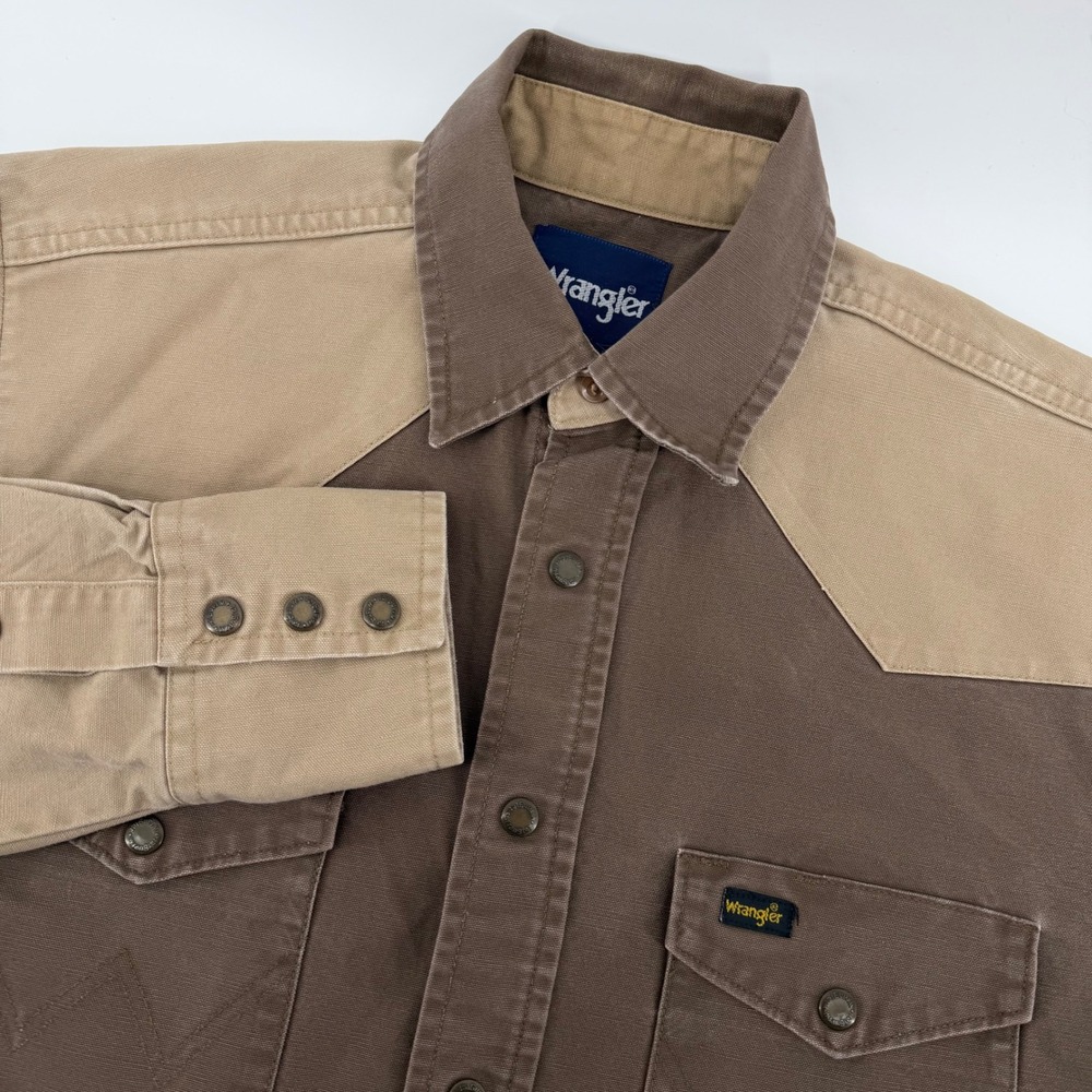 Wrangler Western Shirt Mens Small Brown Tan Canvas Colorblock Snap Front Yoke